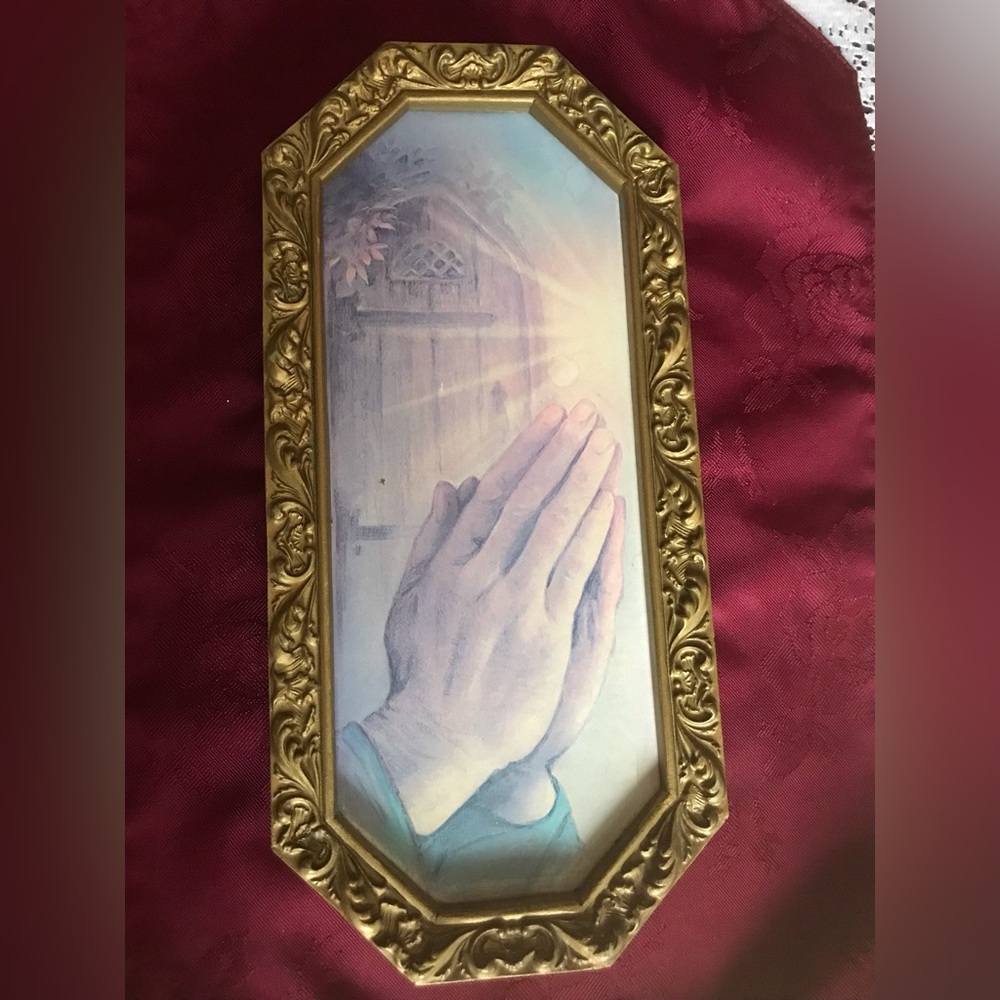 Vintage Burwood Plastic Frame Praying Hands Jesus Mid Century